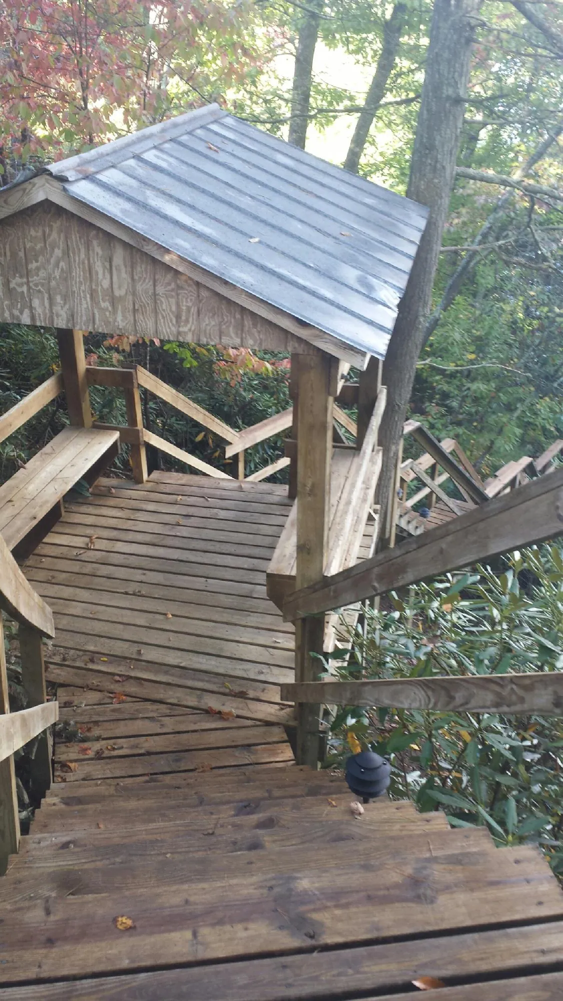 Metal roofed shelter over wooden steps on a wooded walkway — Skylight Repair & Installation work by our crew in North Pitcher